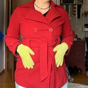 cherry red pea coat with soft lime green gloves